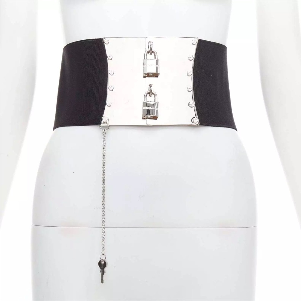 D&G Dolce & Gabbana metal lock corset belt elastic Strech lace up silver spandex